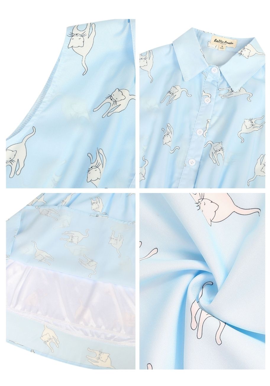 Customized Sleeveless Cat Pattern Dress Above Knee Length w/Stretchable Waist Design - Cat Pattern