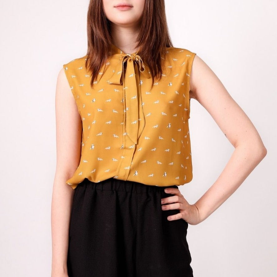 Chiffon Sleeveless Bow Tie Collar Button Down Blouse Shirt for Work Casual Tops