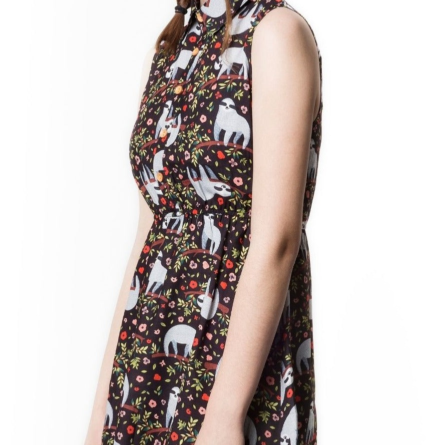 Customized Sleeveless Animal Pattern Dress Above Knee Length w/Stretchable Waist Design - Sloth