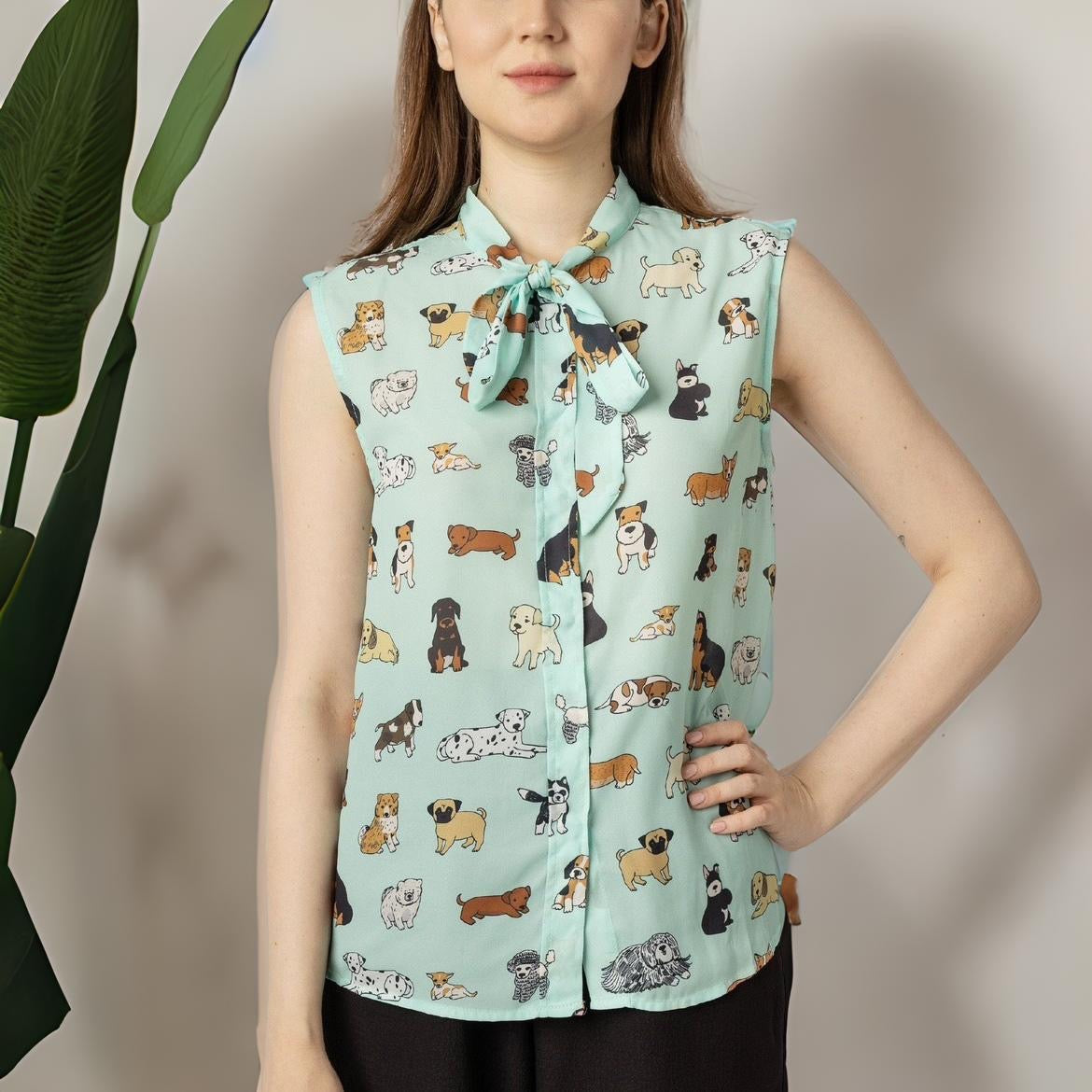 Chiffon Sleeveless Bow Tie Collar Button Down Blouse Shirt for Work Casual Tops