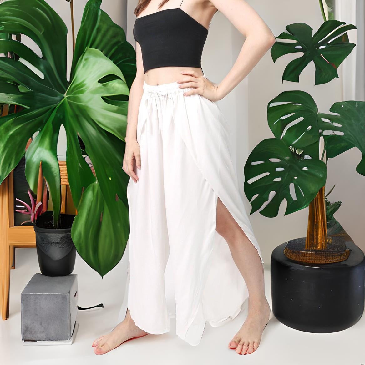 Slit Leg Yoga Pants Beach Vacation Wear Flowy Boho Style Harem - White