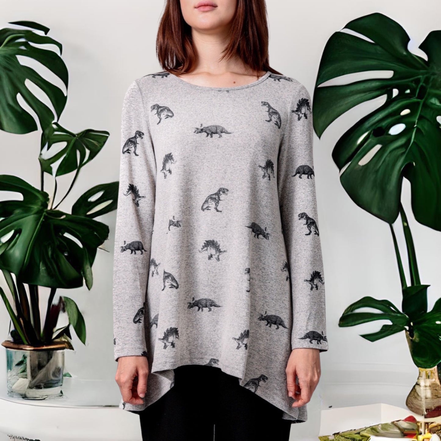 Dinosaur Pattern Women Tunic Tops Casual Soft Long Sleeve Loose-Fitting Oversized Shirts Hi-Lo Hem