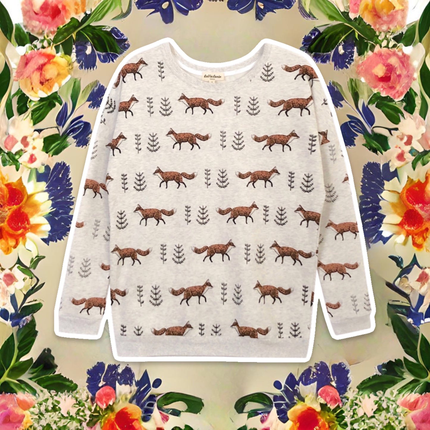 Women's Cotton Long Sleeve Graphic Fox Sweatshirt Crewneck Pullover