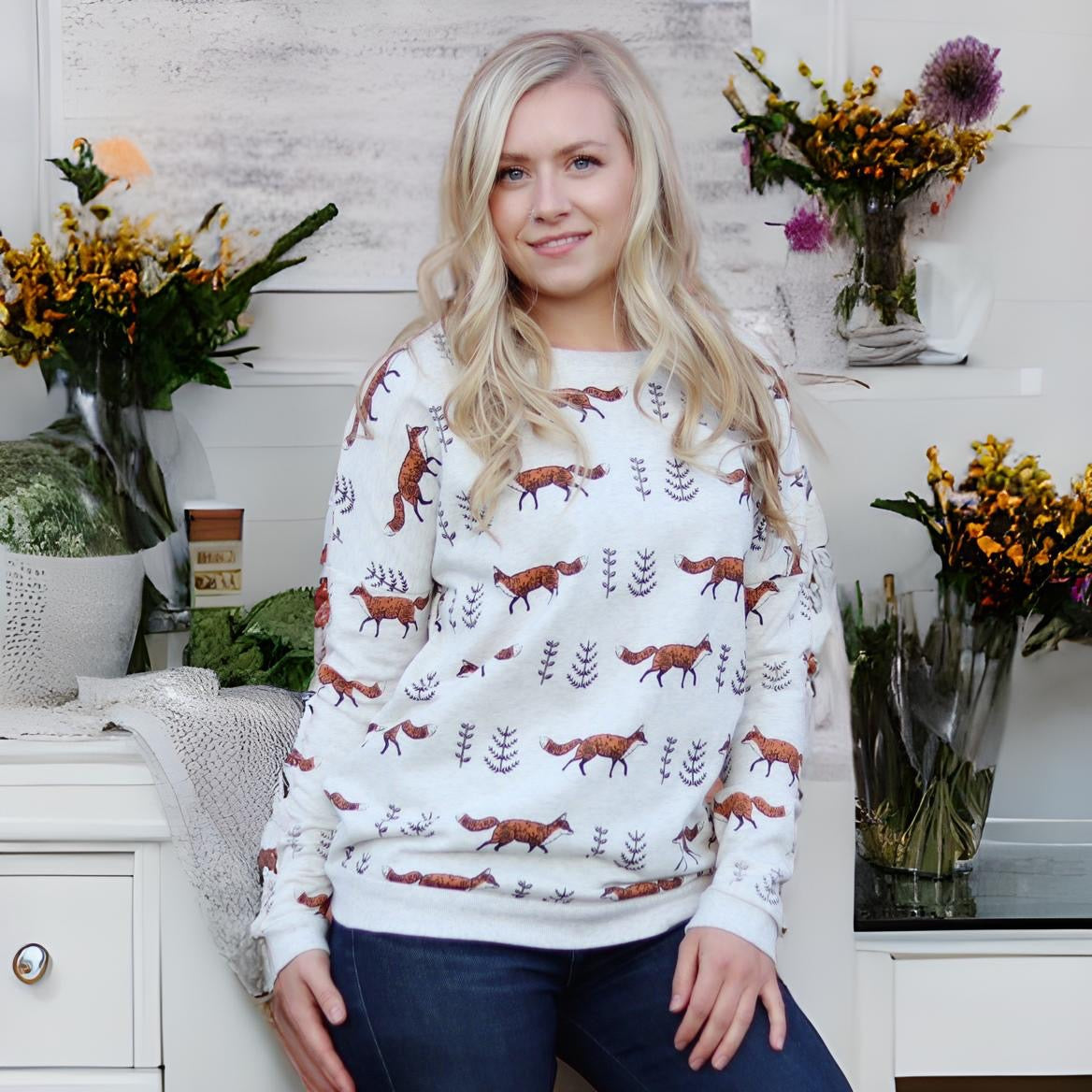 Women's Cotton Long Sleeve Graphic Fox Sweatshirt Crewneck Pullover
