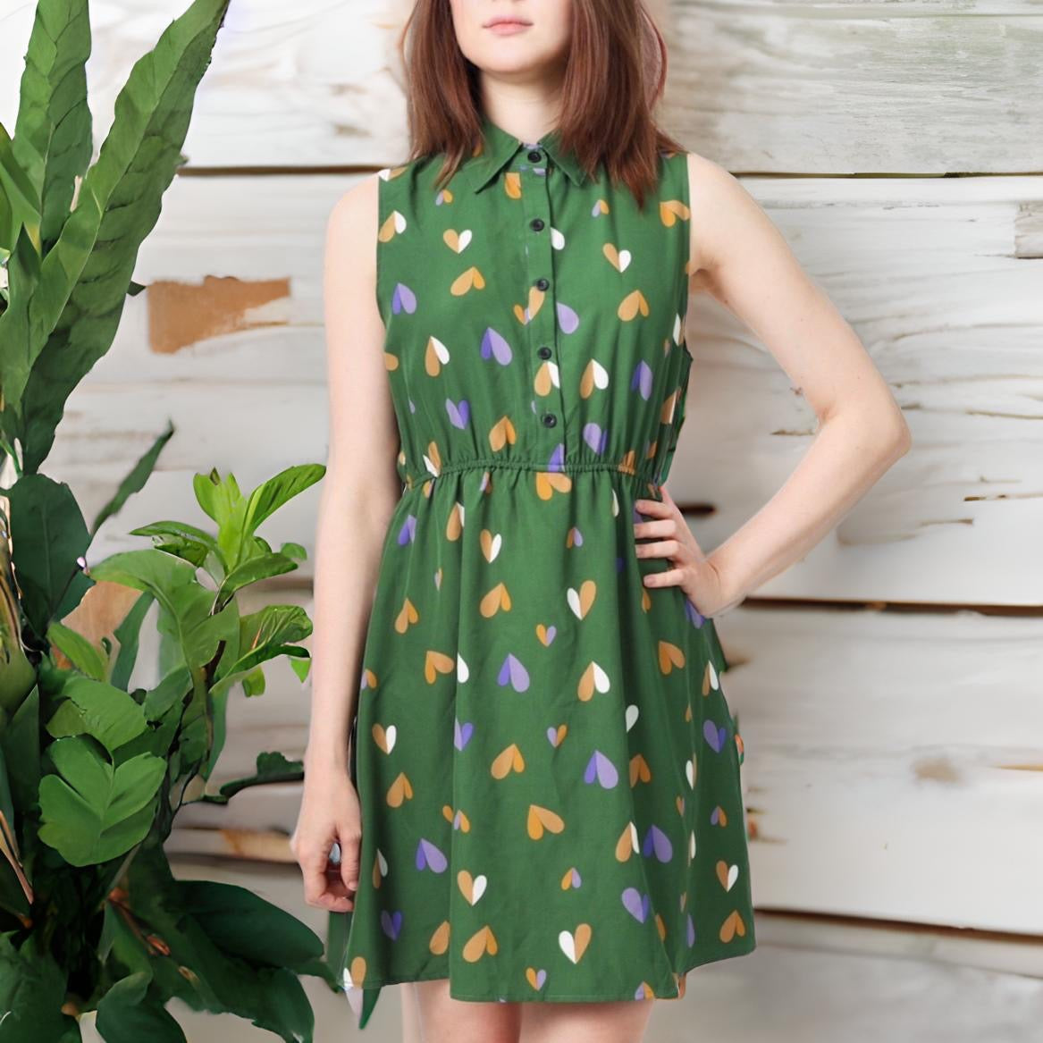 Customized Sleeveless Heart Pattern Dress Above Knee Length w/Stretchable Waist Design - Green Heart