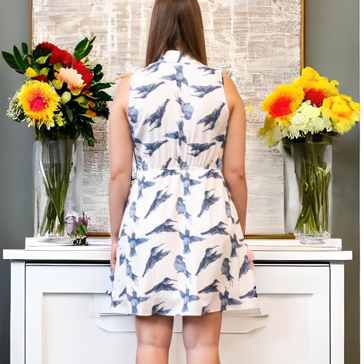 Customized Sleeveless Floral Pattern Dress Above Knee Length w/Stretchable Waist Design - Bird