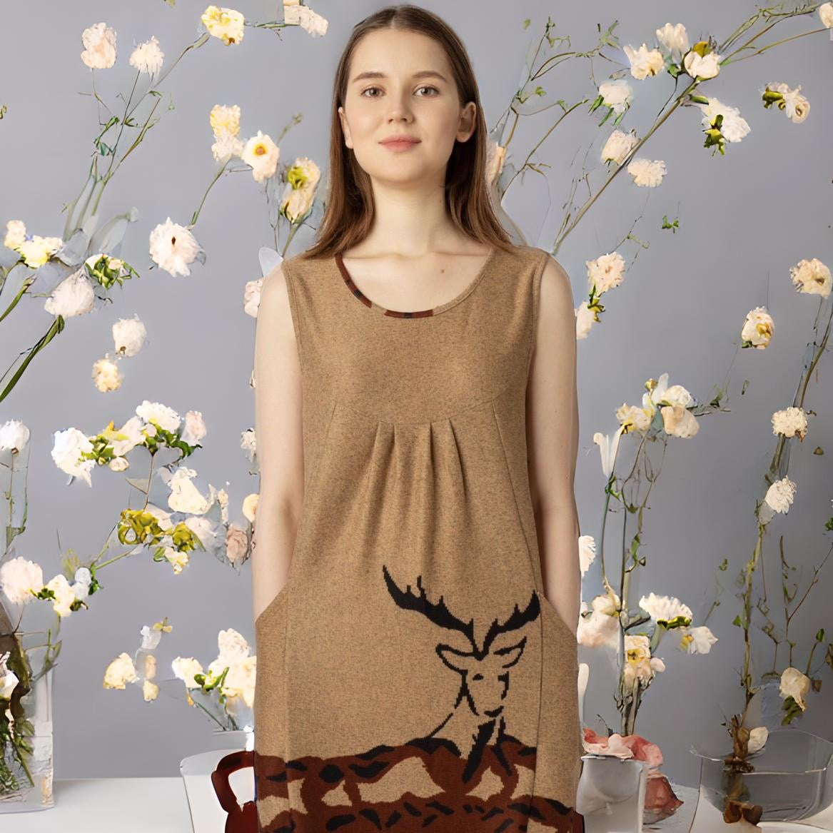Deer Pattern Shift Dress Soft Stretchy with Pockets
