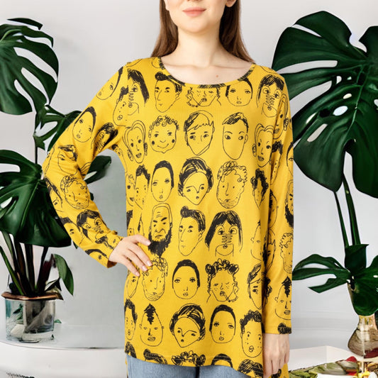 Face Women Tunic Tops Casual Soft Long Sleeve Loose-Fitting Oversized Shirts Hi-Lo Hem